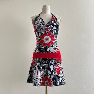 Vintage y2k black red white floral abstract halter mini dress